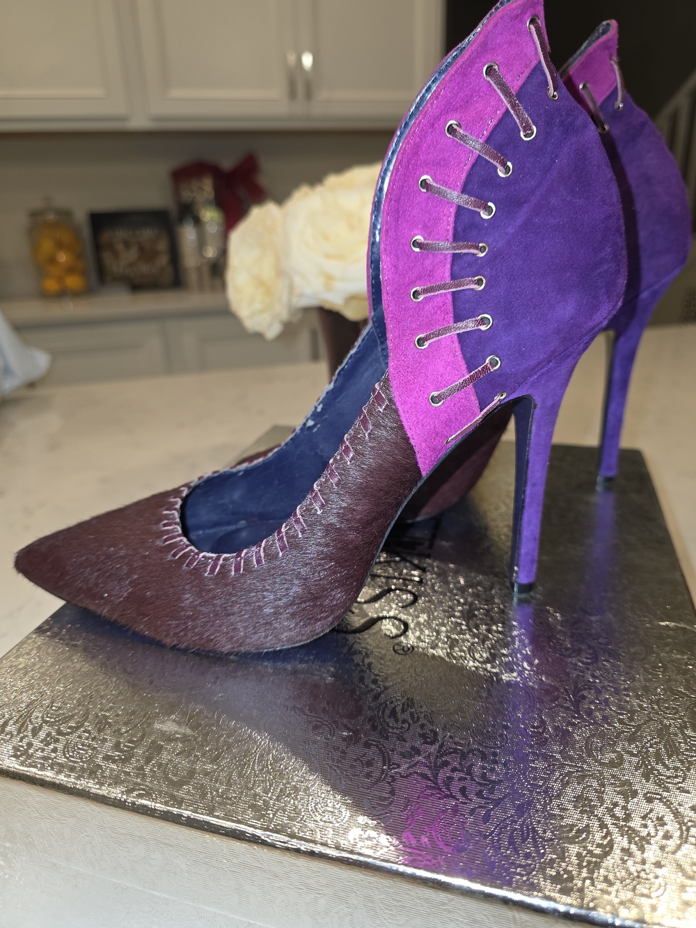 London Trash Purple and Brown Suede Pointed Stiletto Heels with Grommet Detail